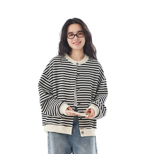 飞鸟和新酒春季新款条纹短款外套女新款宽松薄款无帽圆领短卫衣