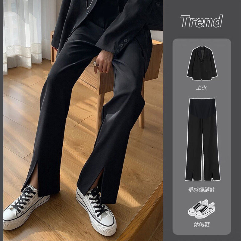 孕妇阔腿裤春秋款黑色新款托腹大码白色薄款开叉直筒拖地休闲长裤