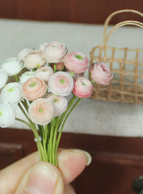 全手工制作 迷你仿真洋牡丹粉色白色花朵篮子 超小精致 12分BJD娃