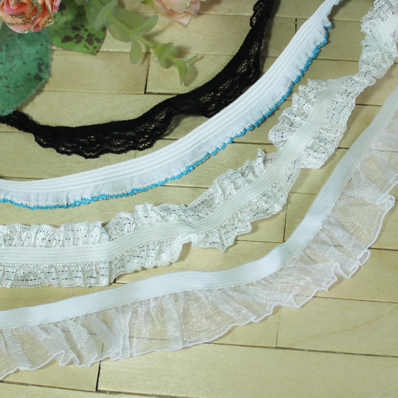 1-2米价褶皱弹力白色蓝边蕾丝