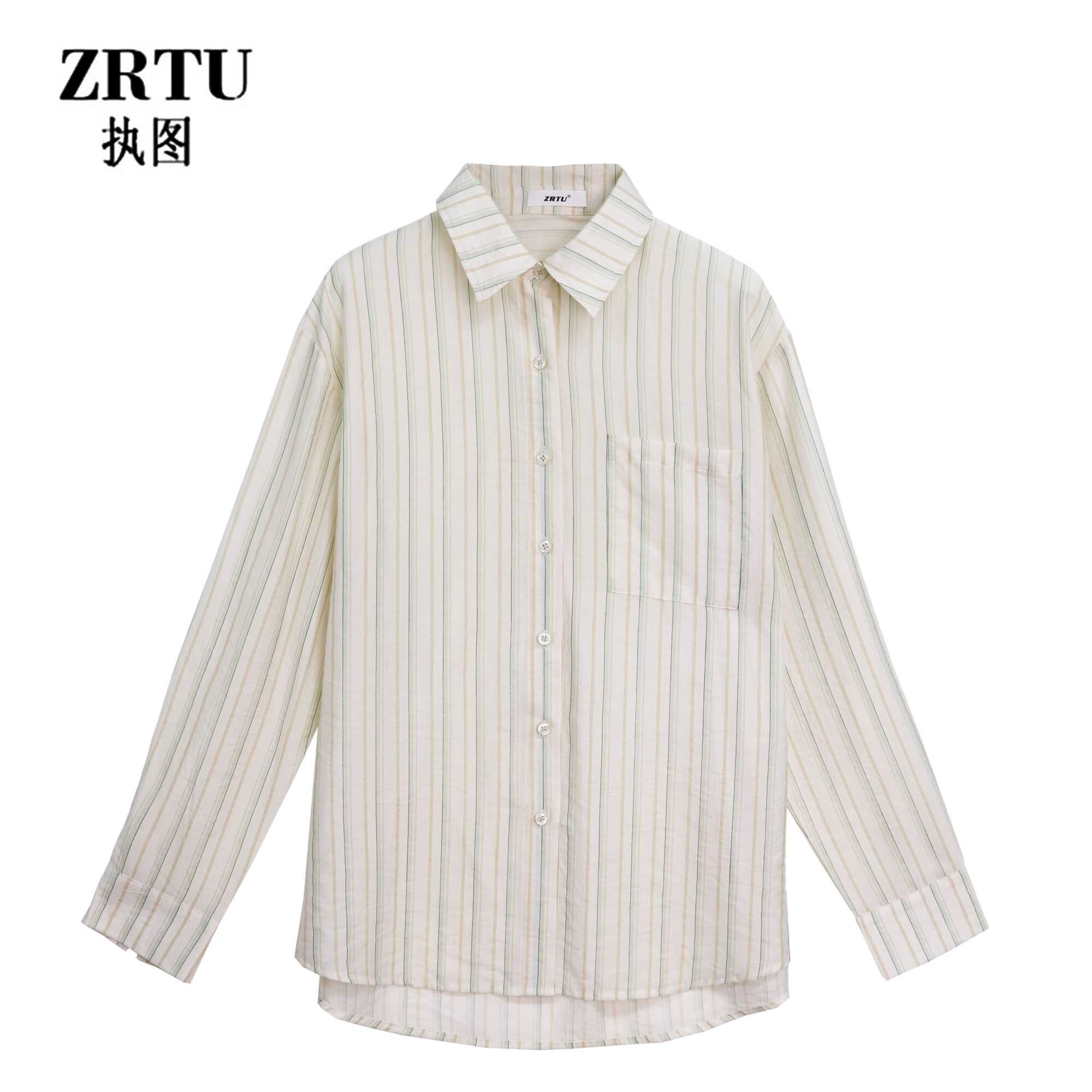 ZRTU/执图新款拼接撞色衬衣休闲百搭竖条纹衬衫