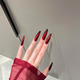 欧美性感辣妹猫眼酒红色测光猫眼手工穿戴美甲可拆卸婚甲