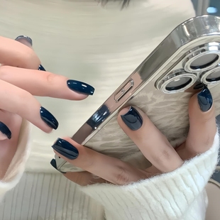 美甲穿戴甲2025新年款 辣妹美甲 亮面防水手工成品纯色蓝色中长款