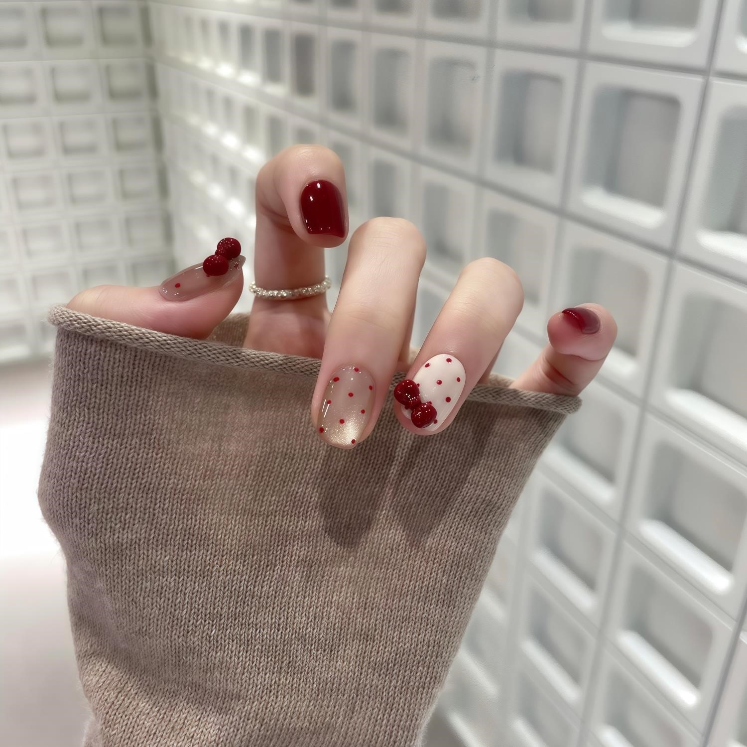 可爱蝴蝶结kitty手工高质感穿戴甲圣诞红色系光疗波点猫眼美甲