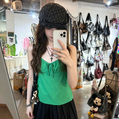 夏季美式辣妹绿色吊带修身背心