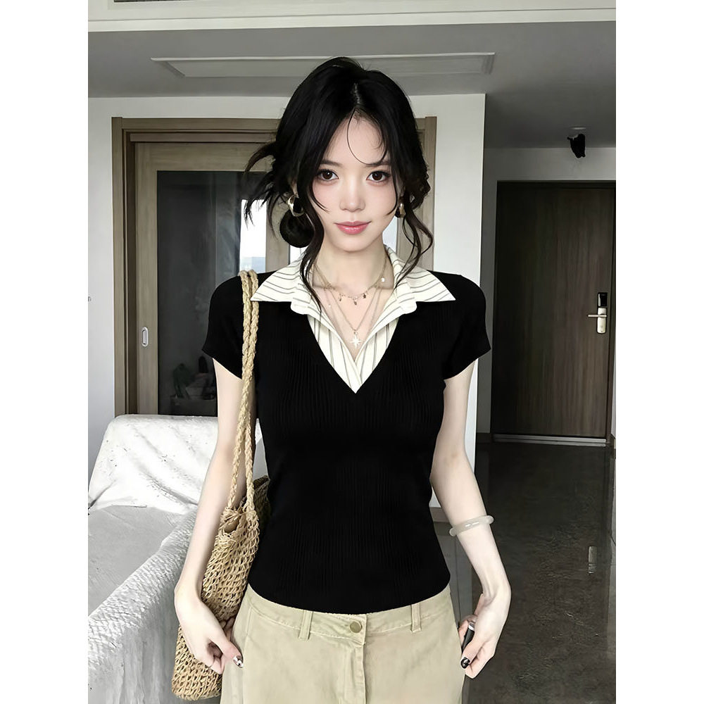 夏季甜酷假两件POLO领显瘦T恤女
