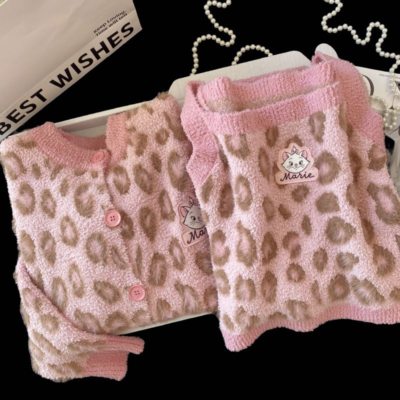 复古豹纹玛丽猫半边绒睡衣女