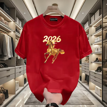 2026夏季马年爆款纯棉情侣印花青少年圆领短袖T恤高级感百搭休闲