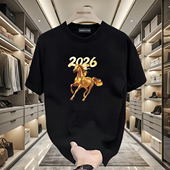 2026中国风红色短袖 T恤男女学生班服马年印花圆领宽松本命年上衣