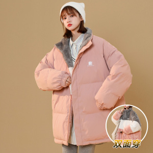 中性风灰灰X707P100148保暖立领羊羔毛撞色双面穿刺绣棉衣潮图片