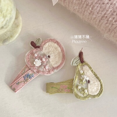 可爱手工刺绣粉色苹果发夹小众设计梨子发卡侧边掰掰夹头饰发饰