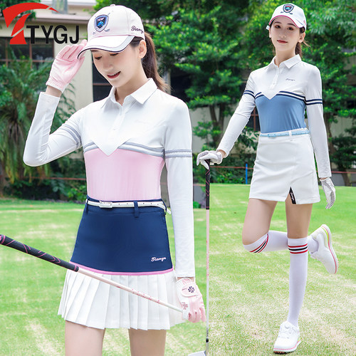 春夏高尔夫球服装女士长袖球服T恤POLO衫个性撞色翻领运动球衣服