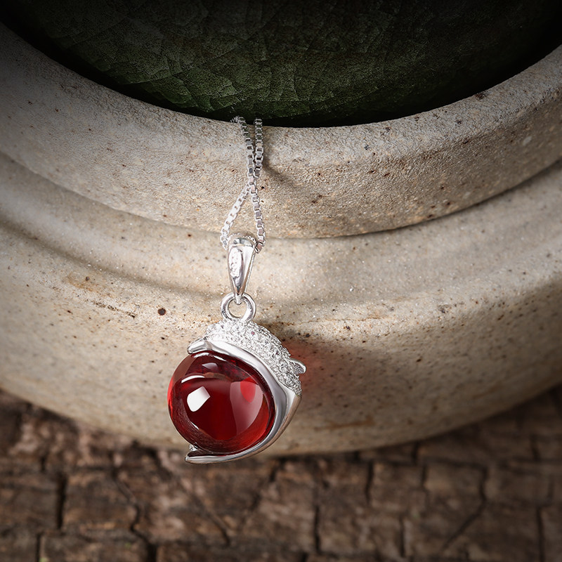 鱼你一起~S925纯银项链石榴锆石吊坠复古中国风锁骨链颈链饰品女