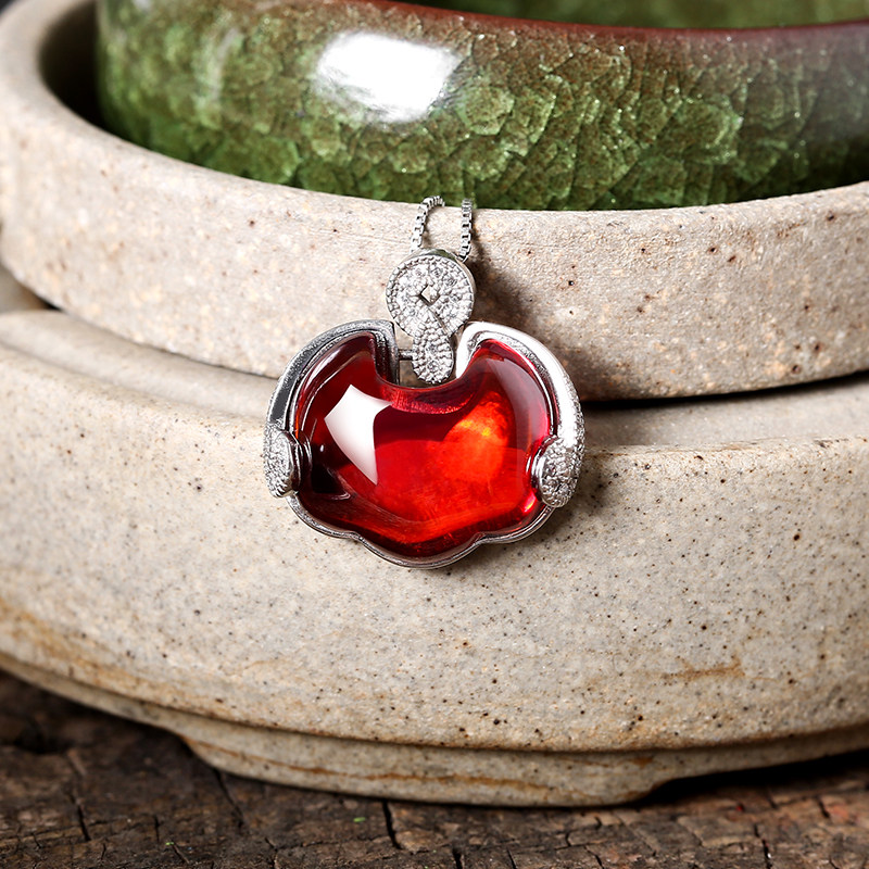 万事如意~S925纯银项链石榴锆石吊坠复古中国风锁骨链颈链饰品女