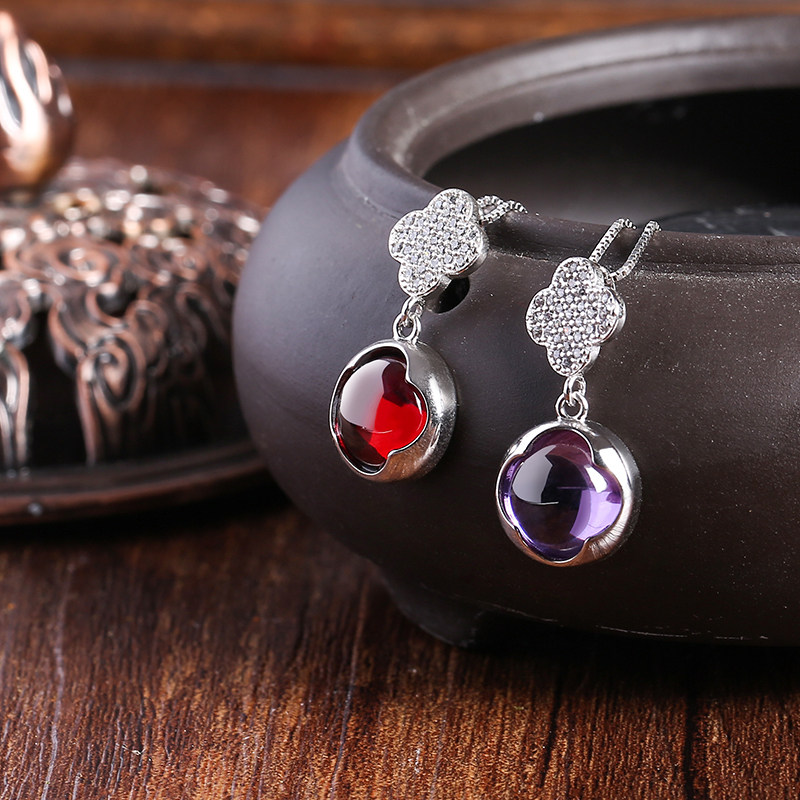 四叶花~S925纯银项链红色石榴锆石吊坠复古中国风锁骨链颈链饰品