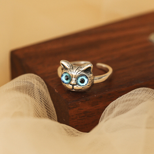 个性 可爱猫咪戒指女s925银小众设计甜美复古开口时尚 食指戒子指环