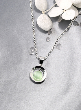 绿色猫眼石项链s925银日韩简约圆形吊坠小清新短款颈链锁骨链饰品