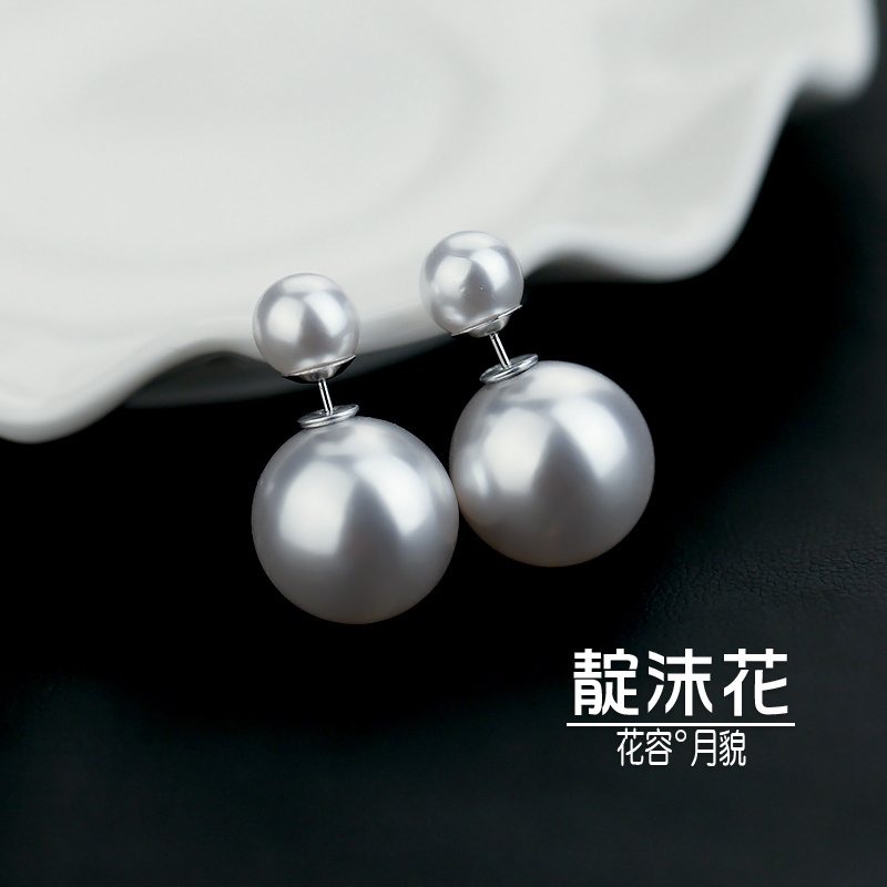 s925纯银双面珍珠耳钉耳环韩国气质时尚前后大小日韩耳坠耳饰品女
