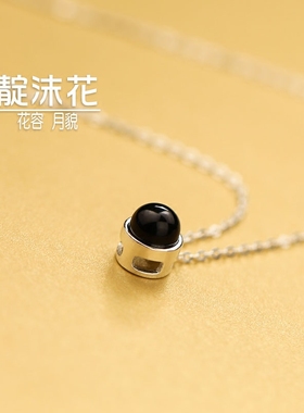 s925纯银黑色玛瑙圆形女吊坠项链