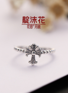 s925银十字架戒指复古花纹指环