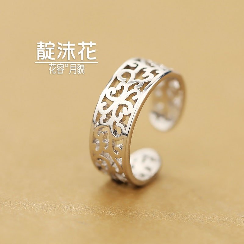 s925银复古镂空花纹戒指韩版时尚开口指环可调节食指戒子尾戒饰品