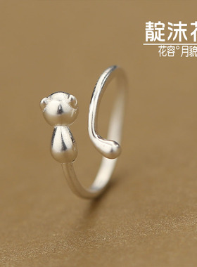 s925银小猫卡通风可爱食指戒子
