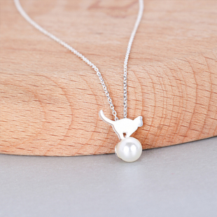 配饰品女生 锁骨链2020新款 S925纯银猫咪项链珍珠吊坠韩版 小猫短款