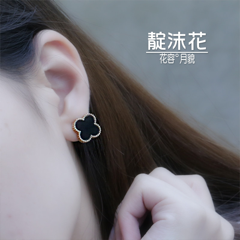 黑色四叶小草耳钉时尚气质花朵耳环清新小花耳坠可爱甜美耳饰品女
