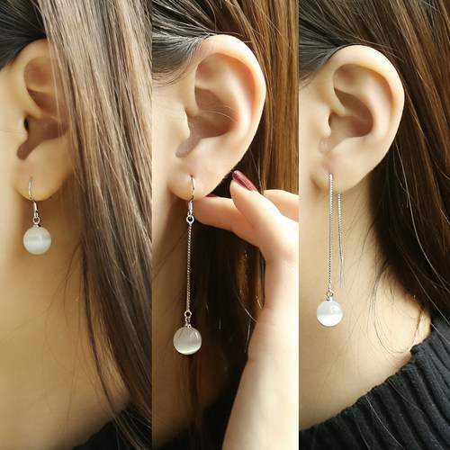 猫眼石流苏耳环925长款流苏