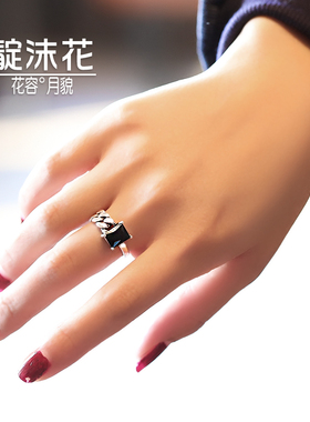 s925银黑色玛瑙戒指方形锆石指环复古泰银时尚气质食指戒尾戒饰品