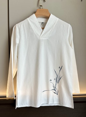 中国风 手绘水墨兰 汉服男款 棉麻长袖V领宽松衬衫茶服禅修服