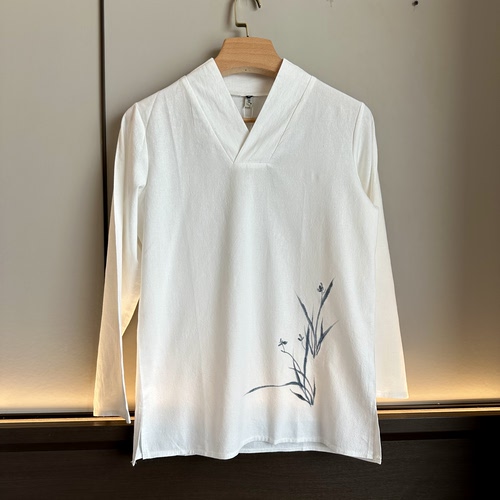 中国风 手绘水墨兰 汉服男款 棉麻长袖V领宽松衬衫茶服禅修服
