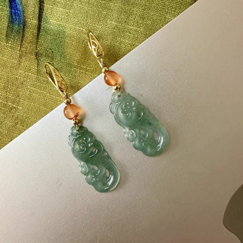 天然A货翡翠蓝水凤尾花 冰飘南红楼兰雕花耳钉S925银