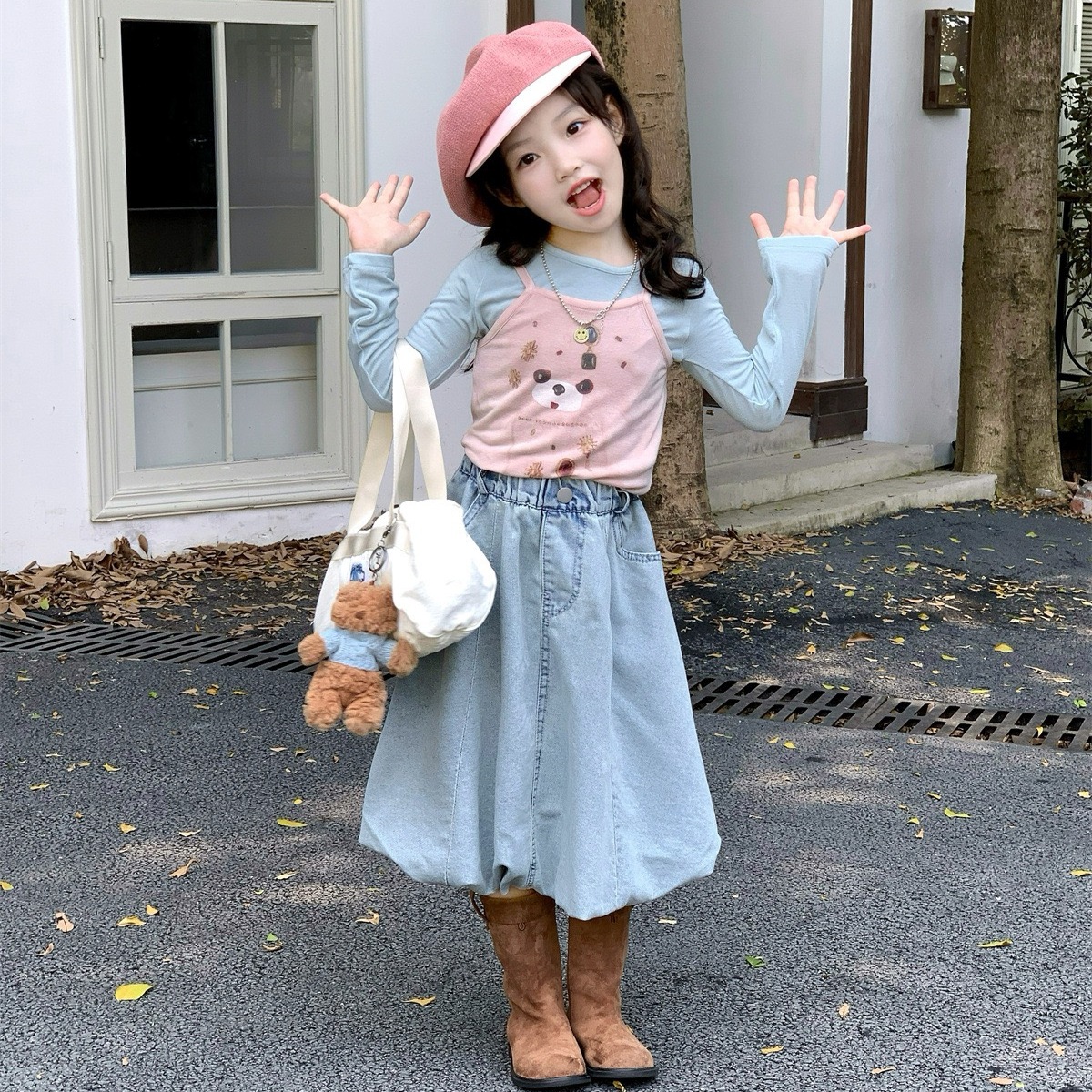 女童套装2025秋季新款时尚卡通吊带背心长袖牛仔半身裙三件套洋气
