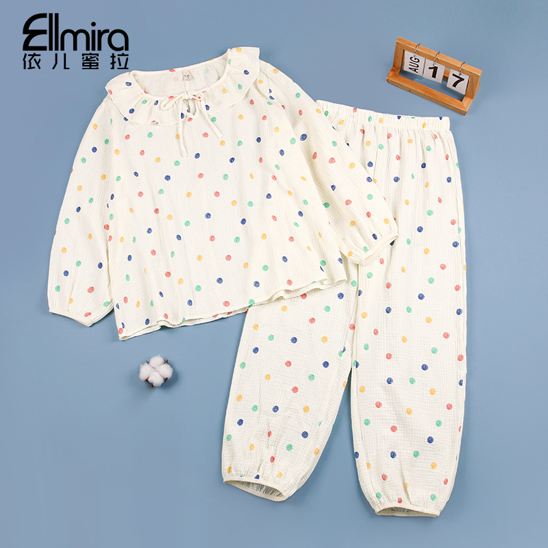 9344睡衣长袖长裤麻棉双纱家居服套装两件套宽松空调服洋气