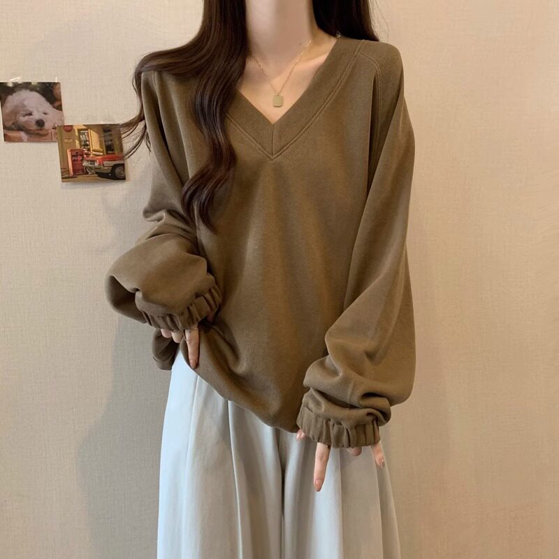 大尺码V领卫衣女春秋2025新款爆款胖mm显瘦宽松小众洋派长袖上衣