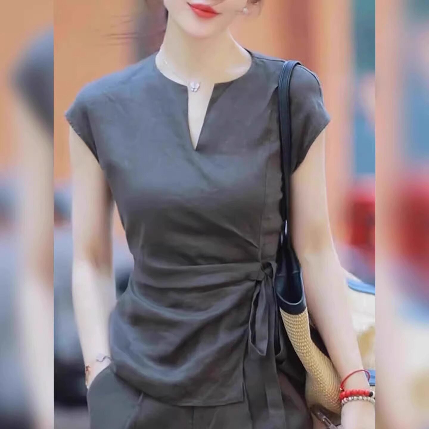 欧货高端短袖衬衫女夏2025新款系带收腰设计感小衫通勤风修身上衣