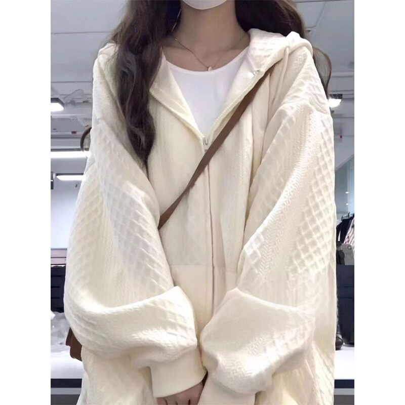 设计感小众华夫格连帽卫衣女春秋oversize宽松慵懒风薄款开衫外套