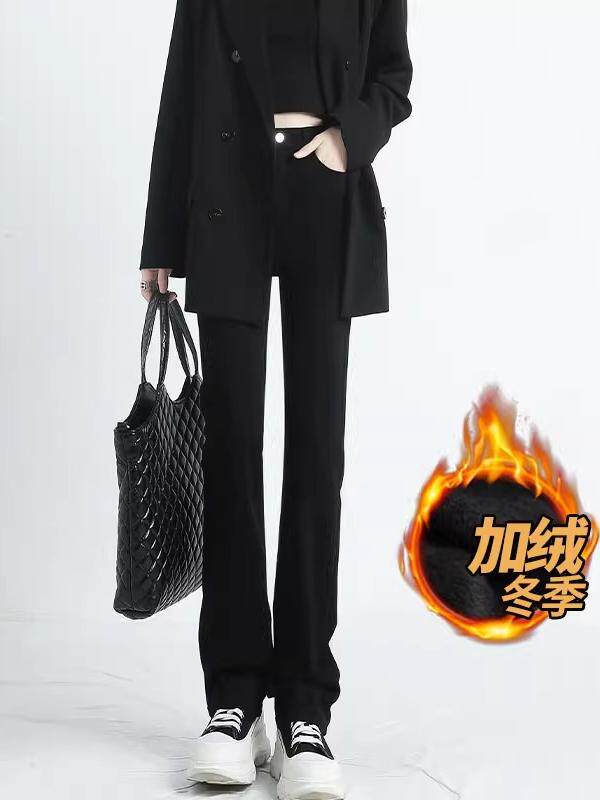加绒窄版直筒牛仔裤女秋冬2025新款高腰显瘦修身加厚黑色烟管裤子