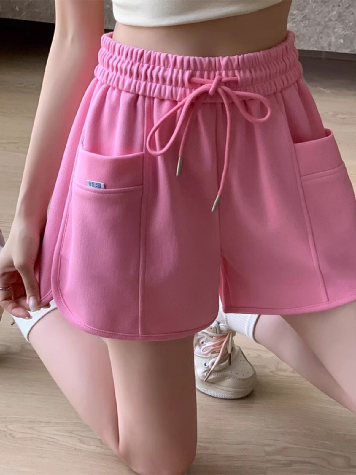 粉色运动短裤女夏季薄款外穿百搭高腰显瘦宽松休闲a字五分阔腿裤