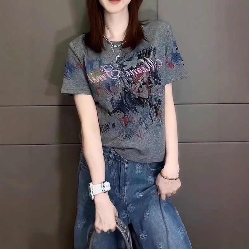 纯棉正肩印花短袖T恤女夏季2025爆款大码胖mm显瘦宽松超好看上衣