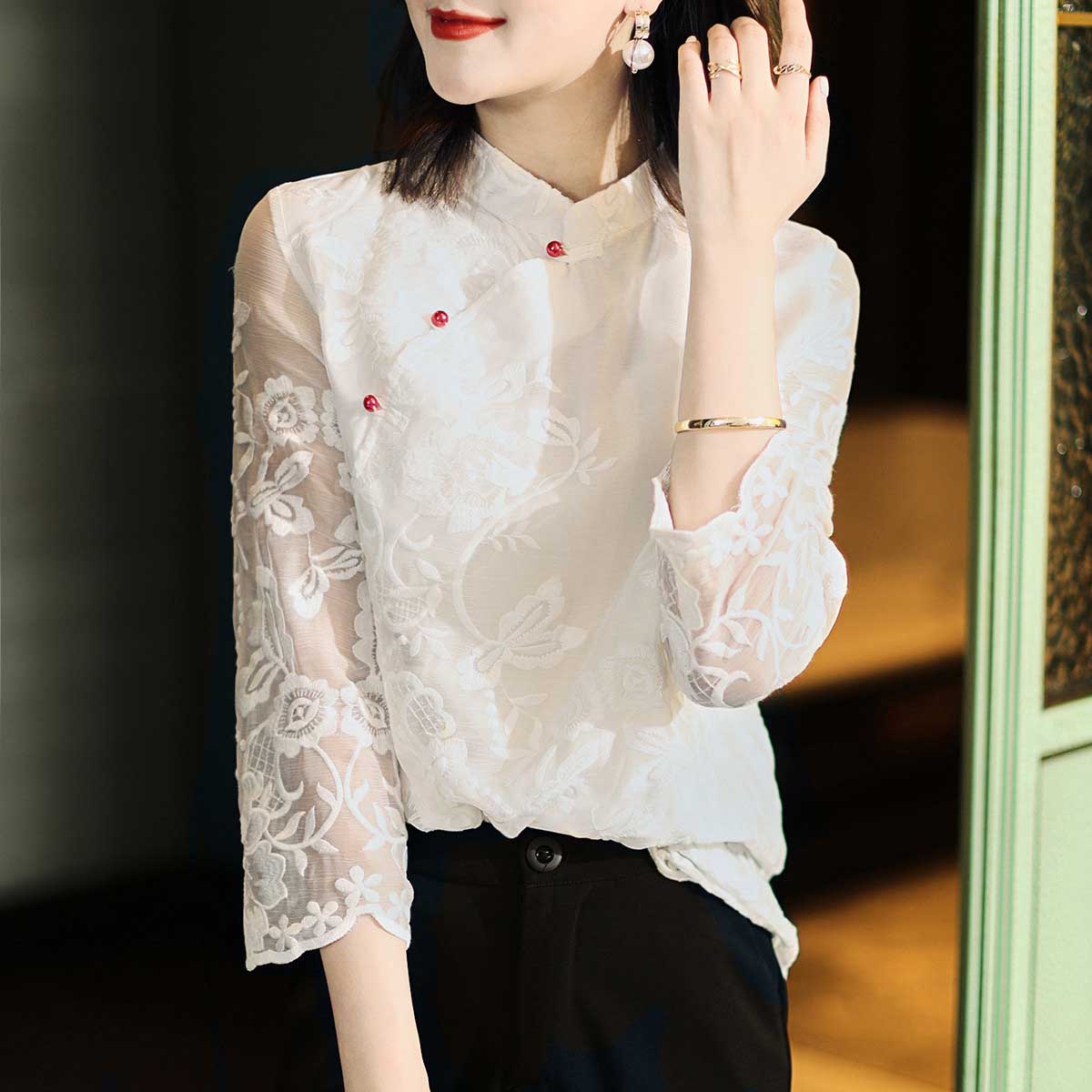 Chiffon Shirt for Women 2026 New Early Autumn Thin Shirt Retro Chinese Style Embroidered Cheongsam Style Short-Sleeved Top for Women