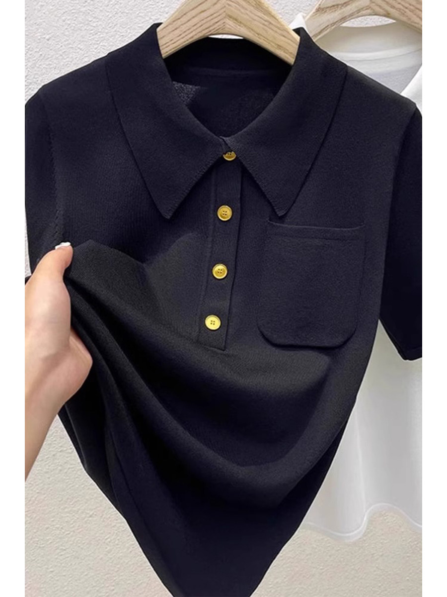大码冰丝短袖衬衫女夏季休闲百搭翻领POLO领黑色针织正肩短袖T恤