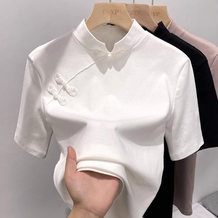 新中式国风短袖t恤女夏季2024新款设计感半高领洋气减龄中袖上衣