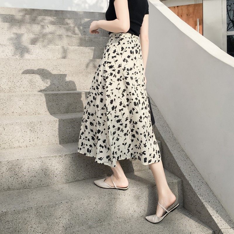 雪纺碎花半身裙中长版女2026年夏季新款高腰显瘦a字长裙白色裙子