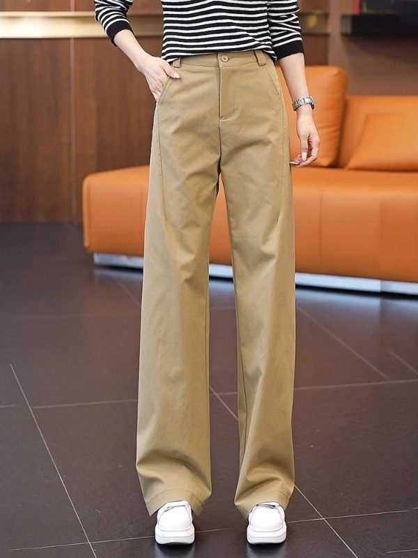 卡其色休闲窄版直筒裤女2025春秋季新款高腰显瘦西装裤宽松阔腿裤