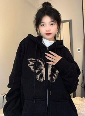 女大童外套春秋款2023新款洋气卫衣初中生中长款加绒黑色开衫冬装