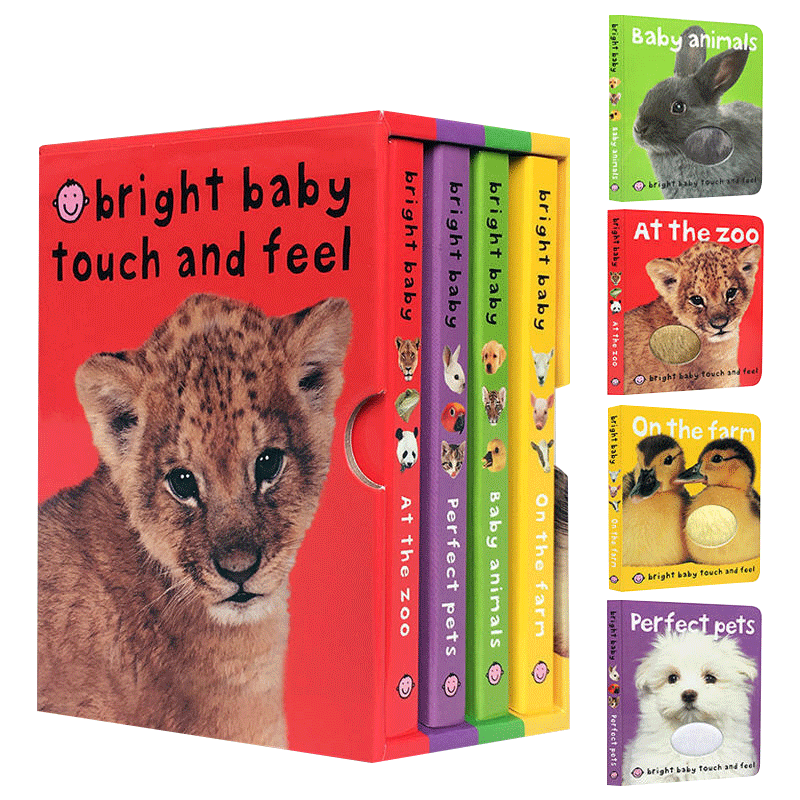 低幼认知 动物触摸书4册盒装 英文原版 Bright Baby Touch & Feel Boxed Set 英文版儿童英语启蒙押韵绘本 纸板书 进口英语书籍