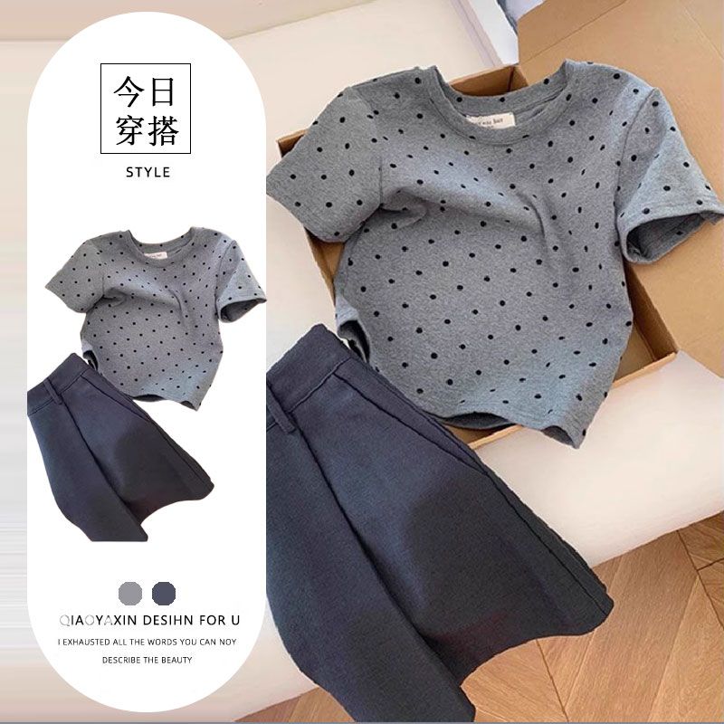 套装女2026新款夏季原宿风学院休闲美式复古波点短袖T恤两件套裙