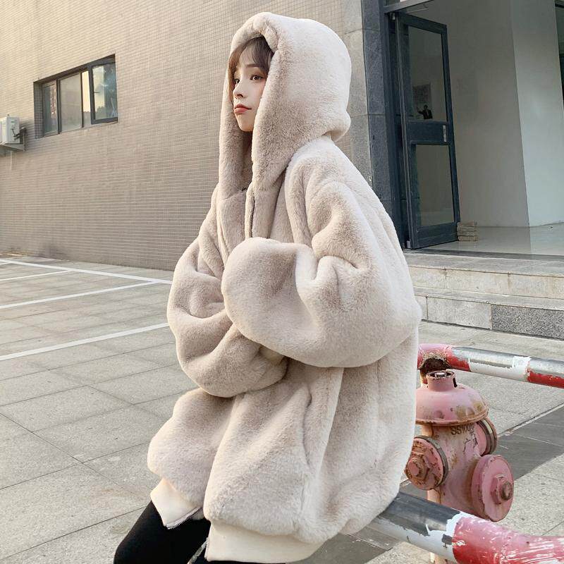韩版宽松毛绒外套女冬仿獭兔毛皮草中长款加厚连帽大衣
